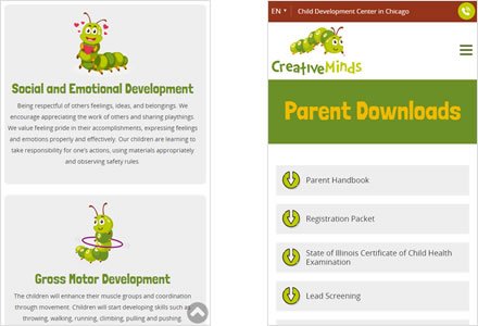 Adaptación Responsive, Sitio web Wordpress Cretive Minds Childcare