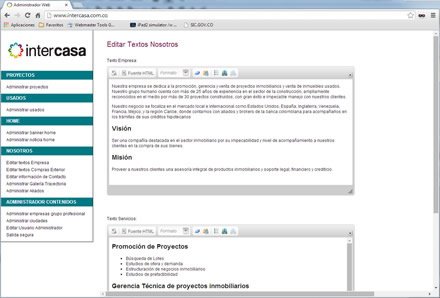 Panel administrativo, Sitio web administrable Intercasa