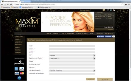 Check-out, Tienda e-commerce Maxim Cosmetics