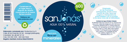 Etiqueta botella 600 ml, Imagen y empaques Agua San Jonás