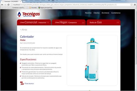 Detalle de producto, Sitio web Tecnigas